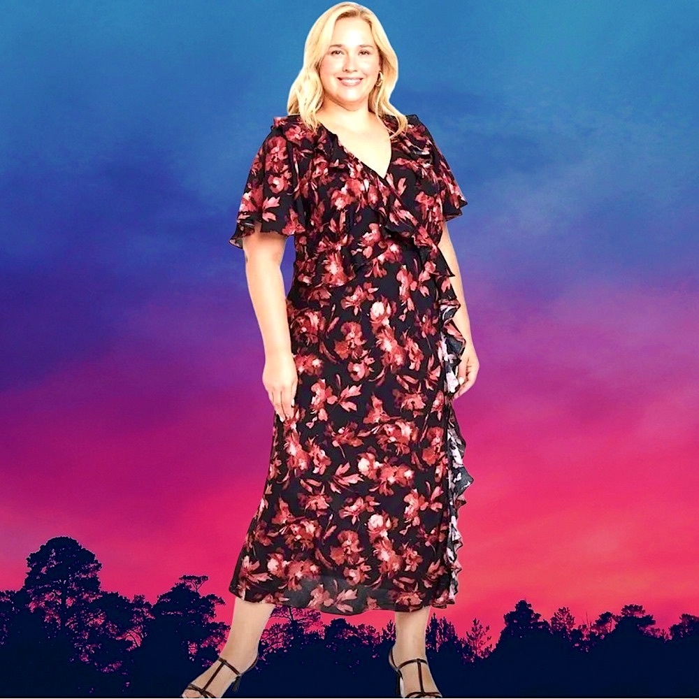 A New Day Women’s plus-size Black & Red Ruffled Floral Midi Dress❤️❤️3X